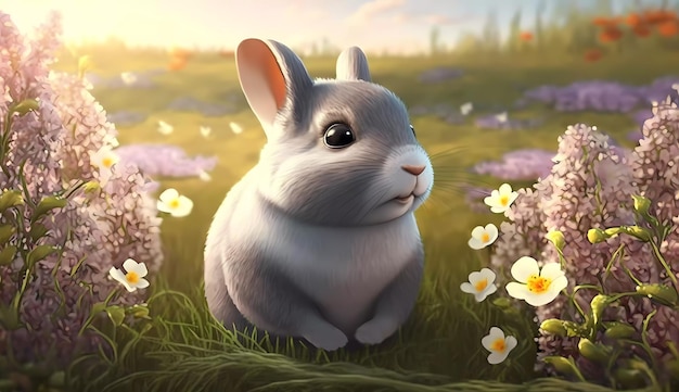 A rabbit in a field of flowers