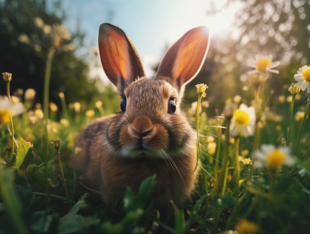A rabbit in a field of flowers