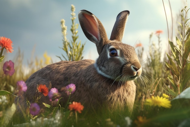 A rabbit in a field of flowers