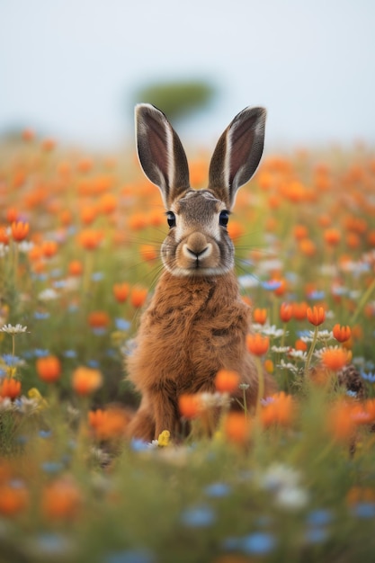 a rabbit in a field of flowers