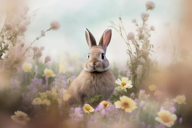 Photo a rabbit in a field of flowers