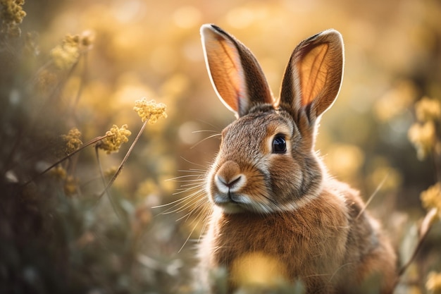 A rabbit in a field of flowers