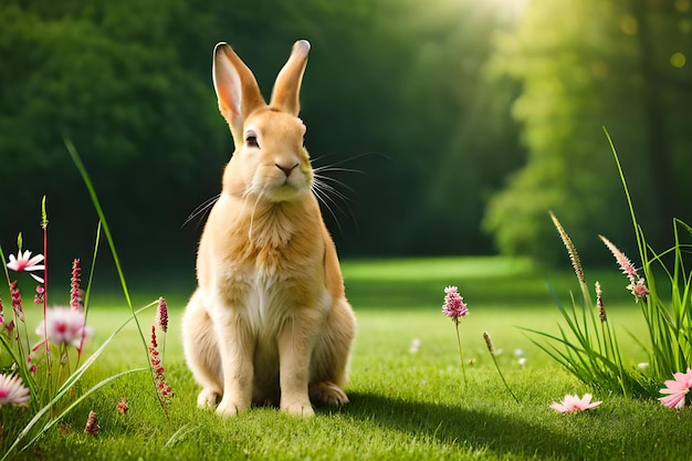 A rabbit in a field of flowers