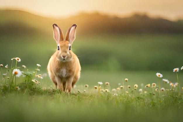 A rabbit in a field of flowers