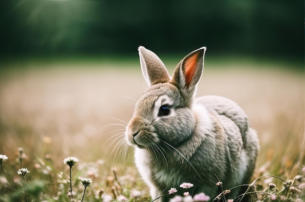 A rabbit in a field of flowers