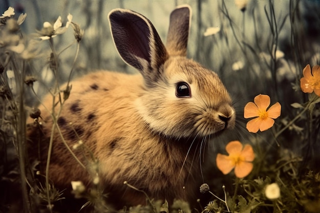 A rabbit in a field of flowers