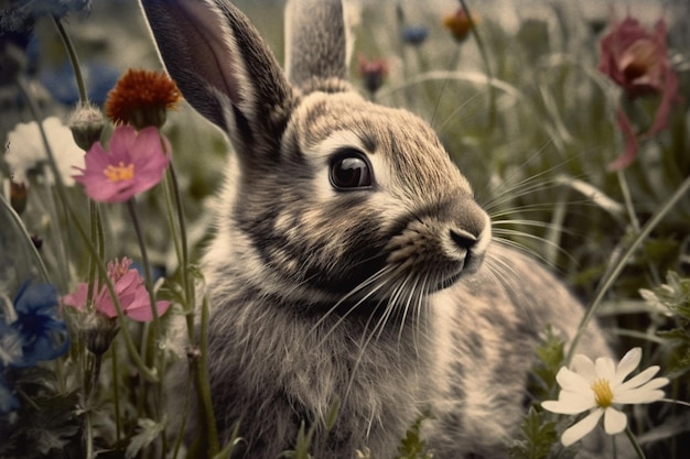 A rabbit in a field of flowers