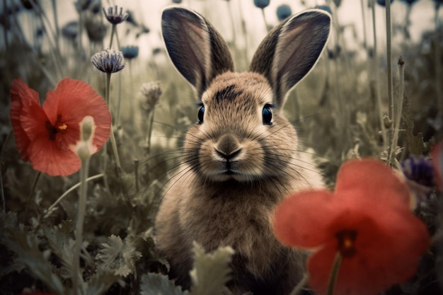 A rabbit in a field of poppies