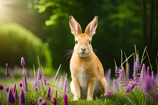 A rabbit in a field of purple flowers