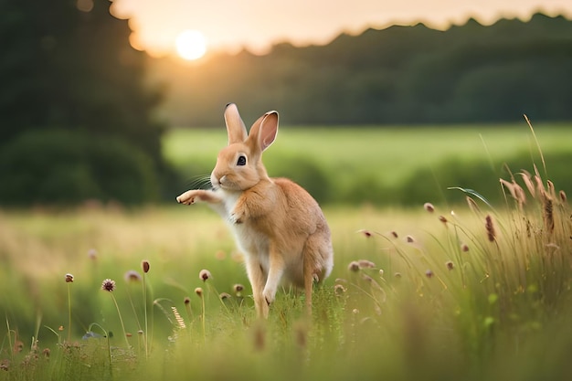A rabbit in a field with the sun setting behind it