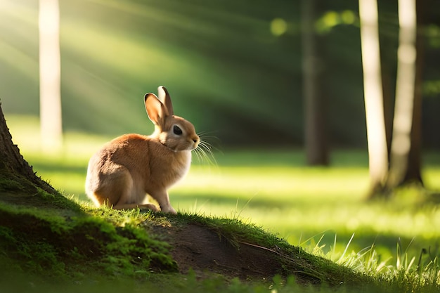 A rabbit in a field with the sun shining on it