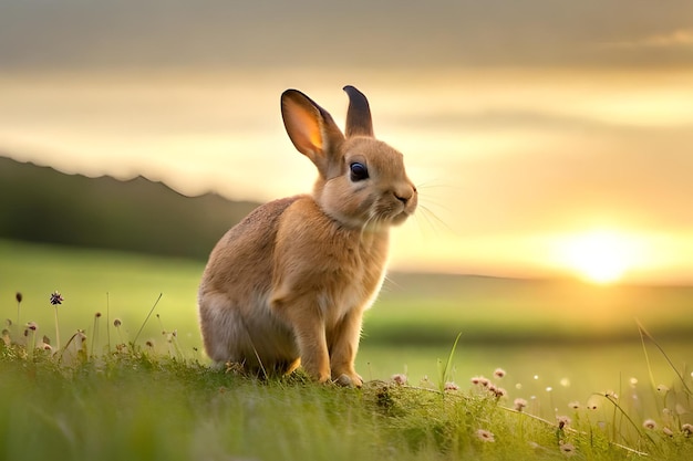 A rabbit in a field with a sunset in the background