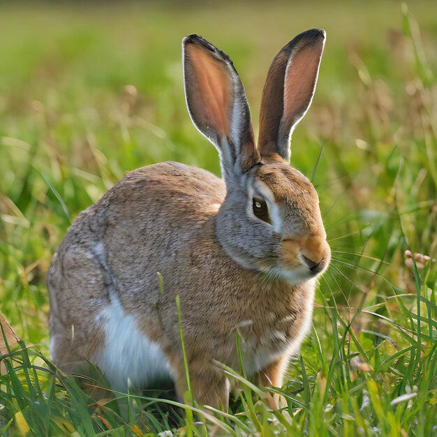 a rabbit in a field with a white spot on its face