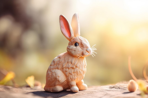 A rabbit figurine sits on a rock in the sun.