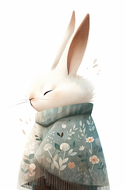 A rabbit in a floral sweater with the word bunny on it.