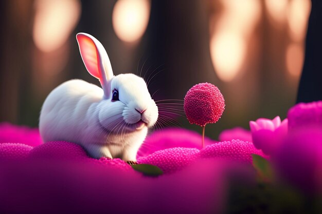 A rabbit in a flower bed with a pink ball on it