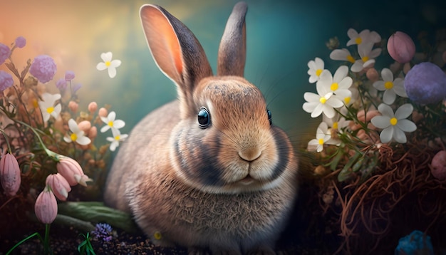 A rabbit in a flower garden