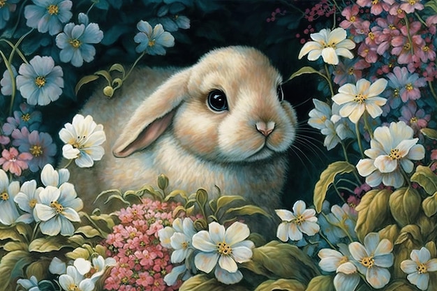 A rabbit in a flower garden