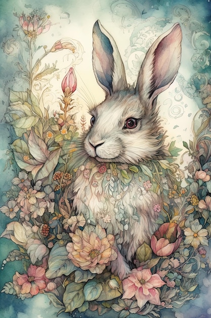 Photo rabbit in the flowers by person