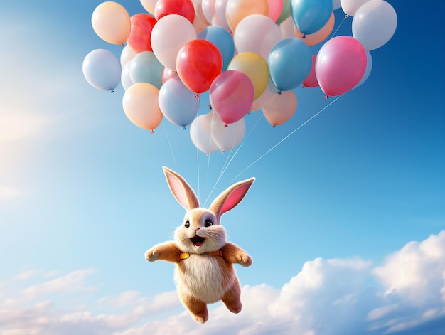A rabbit flying in the sky with a balloons