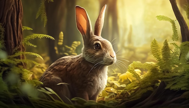 森の中のウサギの現実的なハッピーイースターの日