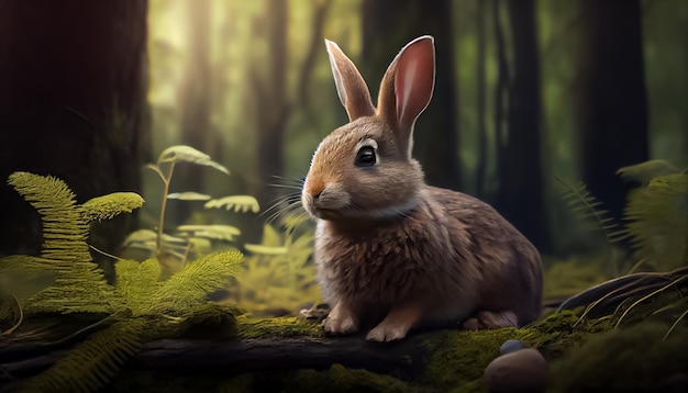 Rabbit in the forest realistic happy easter day