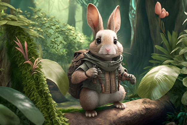 A rabbit in a forest with a backpack