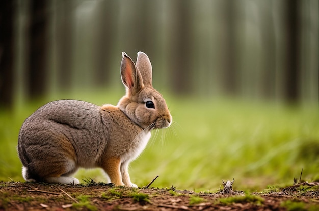 A rabbit in a forest with a forest background