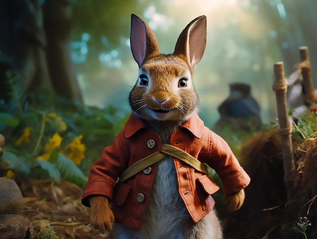 A rabbit in a forest with a forest background