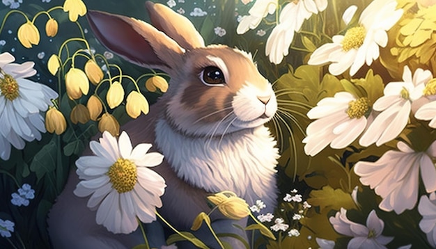 Rabbit on garden flower showcases an adorable bunny amidst colorful blooms evoking a sense of nature and whimsy