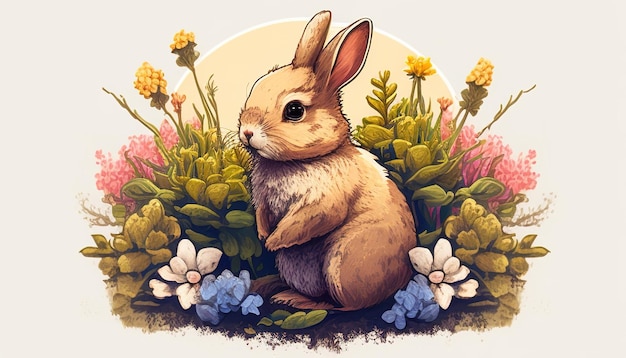 Rabbit on garden flower showcases an adorable bunny amidst colorful blooms evoking a sense of nature and whimsy