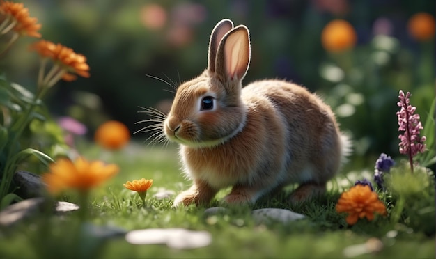 A rabbit in the garden among flowers and green shrubs