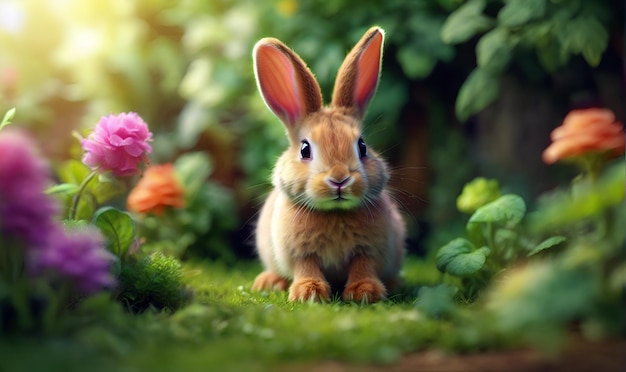 A rabbit in the garden among flowers and green shrubs