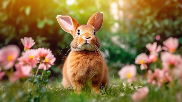 A rabbit in a garden with flowers in the background