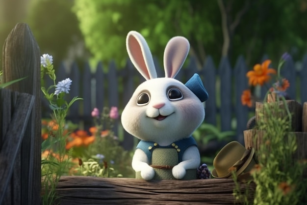 A rabbit in a garden with flowers and a fence in the background