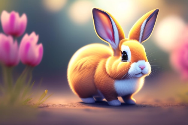 A rabbit in a garden with flowers