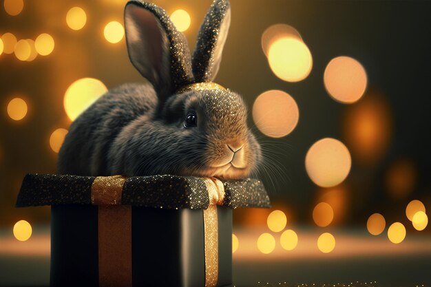 A rabbit in a gift box with gold glitter