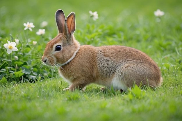 Rabbit on grass field spring