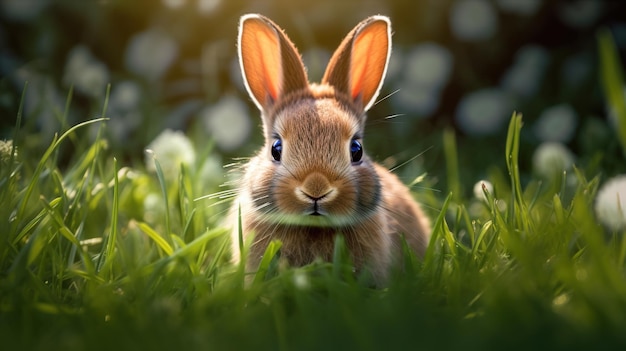 Кролик в траве с размытым фоном