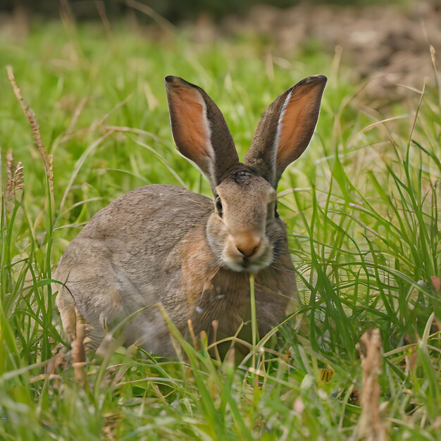 кролик в траве с коричневым ухом и ушами