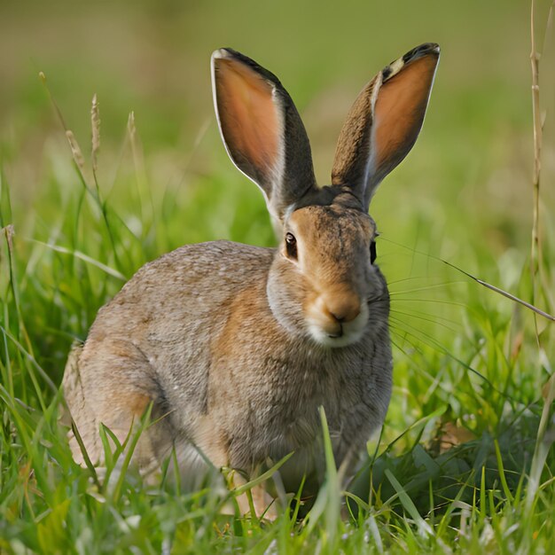 a rabbit in the grass with ears pointed up