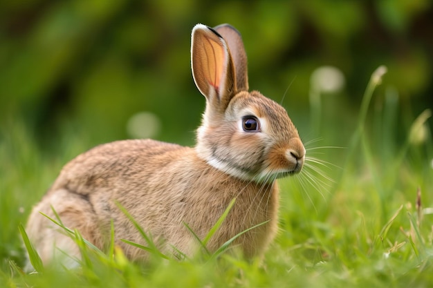 A rabbit in the grass with a green background