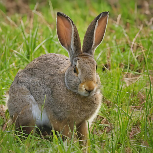 a rabbit in the grass with a white spot on its face