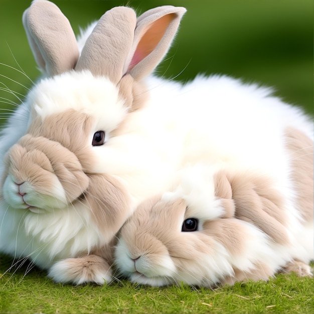 Rabbit on green grass closeup selective focus