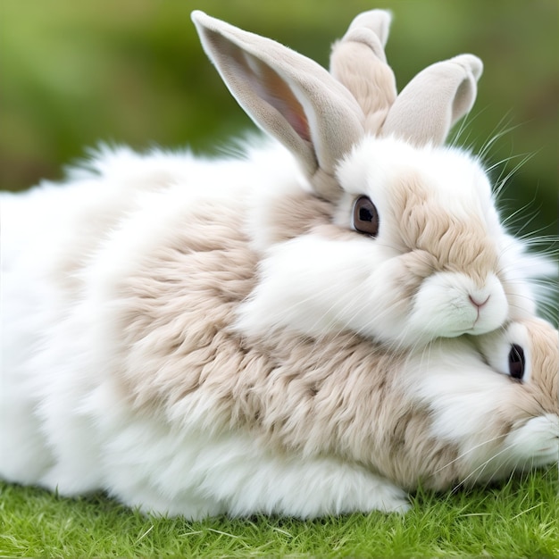 Rabbit on green grass closeup selective focus