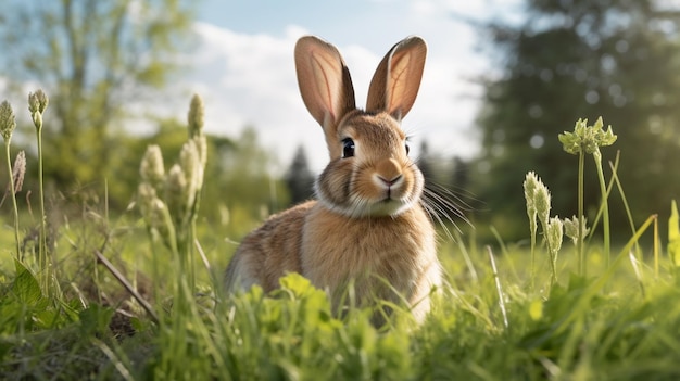 A rabbit on green meadow