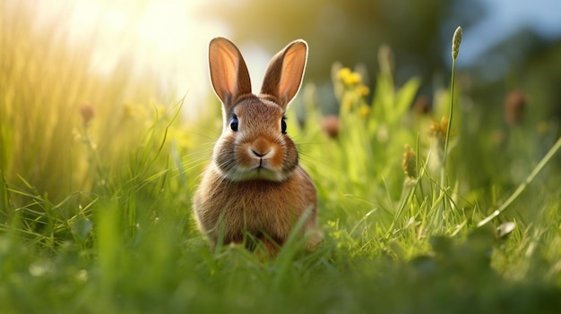 A rabbit on green meadow