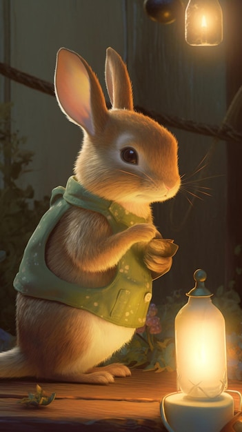 A rabbit in a green vest with a light bulb on it.