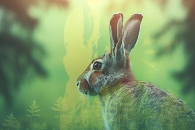 Rabbit or hare in nature double exposure Generative AI illustration