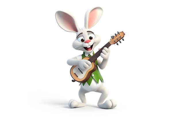 Foto coniglio o lepre che suona la chitarra e sorride con lo spazio della copia su un'illustrazione isolata del fondo bianco